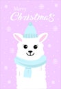 Holiday greeting card with white llama and snowflake on soft pink background. Vector hand-drawn illustration. Cute card