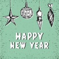 Happy Holidays greeting card with hand drawn Christmas decorations. Vintage greeting background. Royalty Free Stock Photo