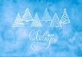 Happy holidays Hand drawn brush pen lettering. Blue watercolor textured background and doodle christmas tree. design holiday Royalty Free Stock Photo