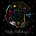 Happy Holidays! Hand Drawn Colorful Doodle Holiday Set with Candies, Gifts, Candle, Fir Trees, Angel, Stars and Snowflakes