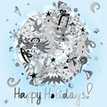 Happy Holidays! Hand Drawn Funny Doodle Holiday Set with Candies, Gifts, Candle, Fir Trees, Angel, Stars and Snowflakes.