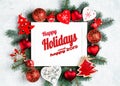 Happy Holidays and happy 2019 text with Holiday Evergreen Branches and Berries in Corner Over Rustic Wooden Background Royalty Free Stock Photo