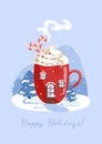 Happy Holidays. House in the form of a red mug. Hot chocolate or coffee, cocoa and whipped cream. candy cane. Winter Royalty Free Stock Photo