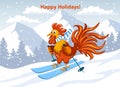 Happy Holidays, Merry Christmas and Happy New Year Greeting Card with Cute Funny Rooster Skiing Royalty Free Stock Photo