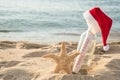 Happy Holidays message in a bottle with starfish Royalty Free Stock Photo