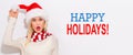 Happy holidays message with woman with Santa hat Royalty Free Stock Photo