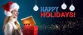 Happy holidays message with woman opening a gift box Royalty Free Stock Photo