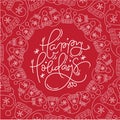 Happy Holidays monoline calligraphic lettering hand written vector text. Red Christmas greeting card design with mittens Royalty Free Stock Photo