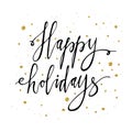 Happy holidays postcard template. Modern New Year lettering with snowflakes isolated on white background. Christmas card concept. Royalty Free Stock Photo