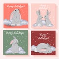 Happy holidays postcard. Year of the rabbit 2023. Children`s cards magic. Posters with rabbits