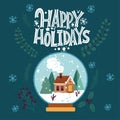 Happy Holidays. Snow-covered house and a Christmas tree in a glass ball. Xmas card. Merry Christmas 2021. Royalty Free Stock Photo