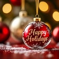 Happy Holidays Text with Christmas Evergreen Branches and Red Winter Holiday Berries in Corner Royalty Free Stock Photo