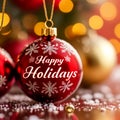 Happy Holidays Text with Christmas Evergreen Branches and Red Winter Holiday Berries in Corner Royalty Free Stock Photo