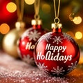 Happy Holidays Text with Christmas Evergreen Branches and Red Winter Holiday Berries in Corner Royalty Free Stock Photo