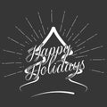 Happy Holidays text for greeting card, flyer, poster logo with text lettering, light rays of burst. Vector.