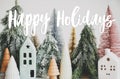 Happy holidays text handwritten on christmas little houses and trees on white background,  winter cozy village scene. Greeting Royalty Free Stock Photo