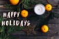 Happy holidays text sign on christmas flat lay wallpaper with gr