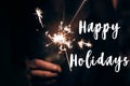 happy holidays text sign, greeting card. happy new year and merry christmas concept. female hand holding a burning sparkler Royalty Free Stock Photo