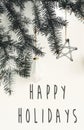 Happy Holidays text sign on stylish christmas branches with glass modern ornaments hanging on white wall. Creative christmas Royalty Free Stock Photo