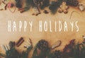 Happy Holidays text sign on stylish rustic frame of pine branches, cones, gingerbread cookies,thread, cinnamon, anise on rural