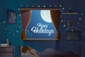 Happy Holidays Text In Window From Bedroom With Sleeping Girl Christmas And New Year Banner