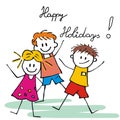 Happy holidays, three cheerful kids on white background, vector funny illustration.