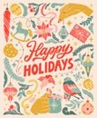Happy holidays. Vintage greeting card. Linocut typographic banner. Colorful floral elements. Christmas decorations Royalty Free Stock Photo