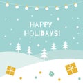 Happy Holidays Winter Background. Garland of Lights and Snow Landscape Royalty Free Stock Photo