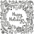 Happy Holidays winter doodle set.
