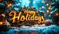 Happy Holidays written in golden script against a dark green fir tree backdrop, conveying warmth and festive cheer of the Royalty Free Stock Photo