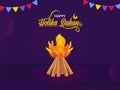 Happy Holika Dahan Celebration Concept With Bonfire Illustration And Bunting Flags Decorated On Purple Mandala