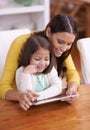 Happy, home and mother with girl, tablet and bonding together with movies and connection. Smile, family and mama with Royalty Free Stock Photo