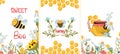 Happy Honey bee with wildflowers, glass jar honey with honeycomb, wildflowers, cute bee, sunflower, chamomile