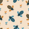 Happy honey bees and tiny flowers hand drawn vector illustration. Colorful summer seamless pattern for kids fabric.