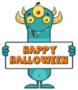 Happy Horned Blue Monster Cartoon Character Holding Happy Halloween Sign