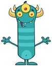 Happy Horned Blue Monster Cartoon Character With Welcoming Open Arms