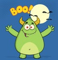 Happy Horned Green Monster Cartoon Character With Welcoming Open Arms And Boo Text