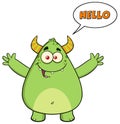 Happy Horned Green Monster Cartoon Character With Welcoming Open Arms And Speech Bubble Hello Text