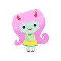 Happy Horned Troll Girl, Cute Fantasy Creature Character with Long Pink Hair Vector Illustration