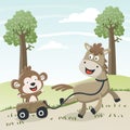 Happy horse and frend cartoon in the farm. untry concept. Vector childish background for fabric textile, nursery Royalty Free Stock Photo