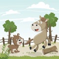 Happy horse and frend cartoon in the farm. Nature and country concept. Royalty Free Stock Photo