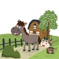 Happy horse and little cow cartoon in the farm with barn and green field. Nature and country concept. Vector childish background Royalty Free Stock Photo