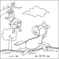 Happy horse and monkey cartoon in the farm with green field. Creative vector Childish design for kids activity colouring book or Royalty Free Stock Photo