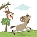 Happy horse and monkey cartoon in the farm with green field. Nature and country concept. Vector childish background for fabric Royalty Free Stock Photo