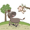 Happy horse and monkey cartoon in the farm with green field. Nature and country concept. Vector childish background for fabric Royalty Free Stock Photo