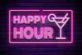 Happy hour cocktail glowing purple violet neon text on brick wall Royalty Free Stock Photo