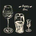 Happy hour drinks set. Vector illustration, chalk on blackboard style. Wine glass with a cocktail, beer glass, grappa