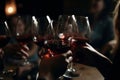 Happy Hour With Friends Raising Their Wine Glasses In Unity Closeup. Generative AI Royalty Free Stock Photo