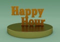 Happy Hour gold color, 3d rendering of happy hour at the bar, minimal lettering with alarmclock