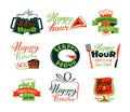 Happy Hour Icons Set, Discount Special Offer for Cafe or Restaurant Visitors, Promo Labels with Beer Mug, Cake and Clock